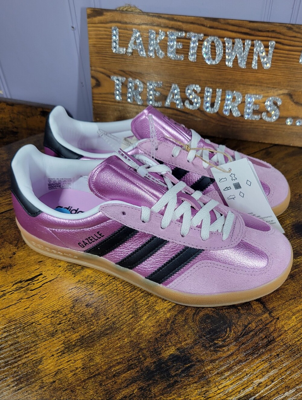Adidas Gazelle Metallic Pink with Black Stripes indoor sneakers